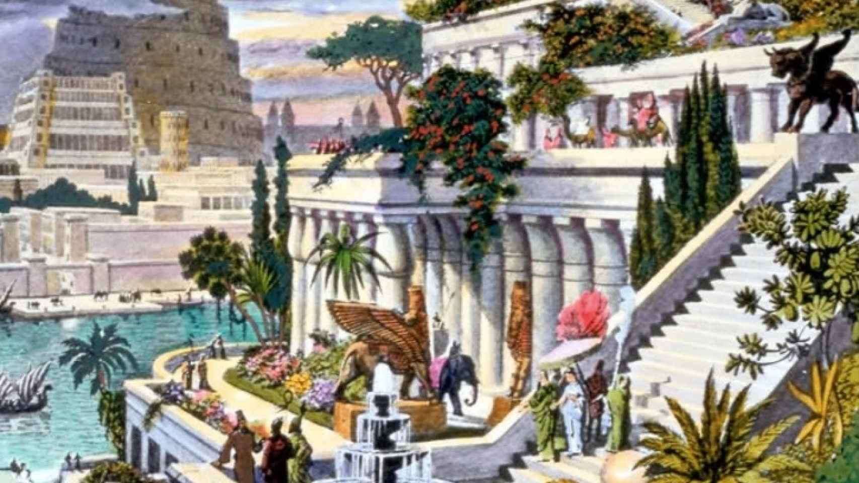 Ilustración del siglo XIX de los jardines colgantes de Babilonia.