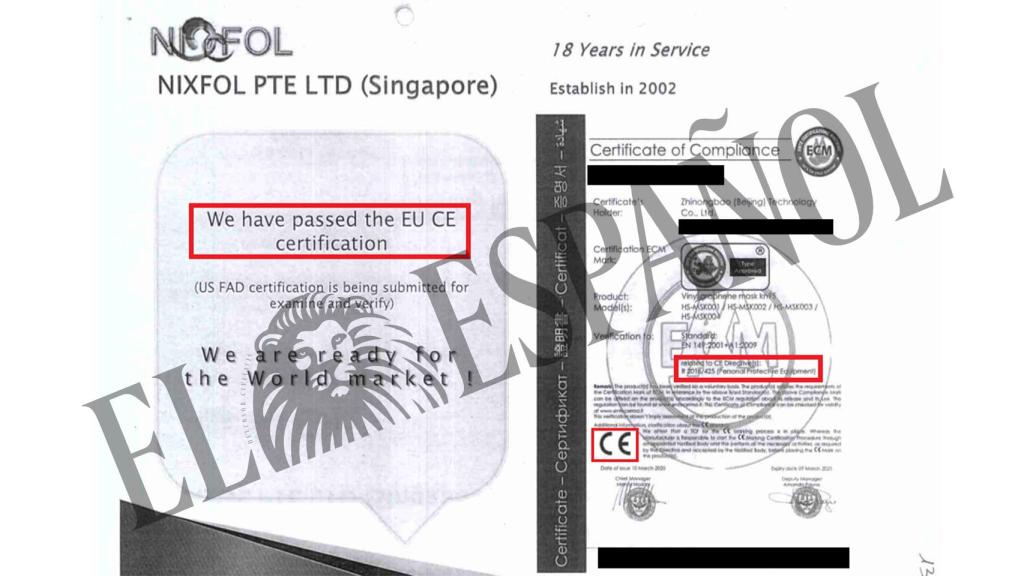 El supuesto certificado CE que presentó la empresa fabricante de las mascarillas.