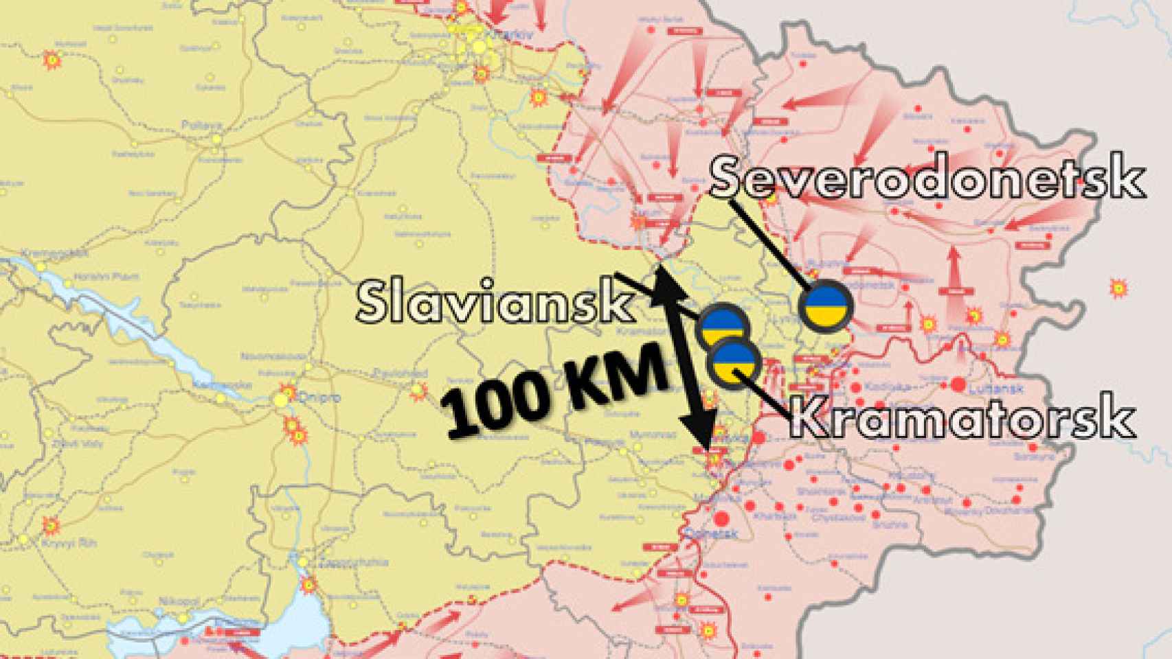 Plan de ofensiva limitada en el Donbás, kilómetros de avance y principales ciudades. Cabe fijarse en la forma del saliente ucraniano en el Donbás.