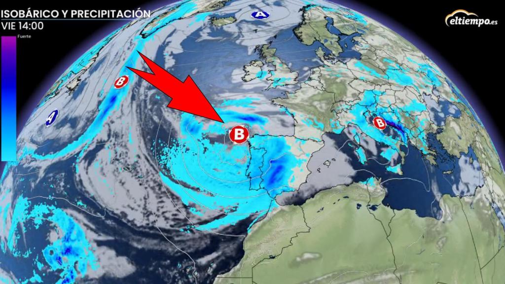 La borrasca atlántica entrando por el noroeste peninsular. Eltiempo.es