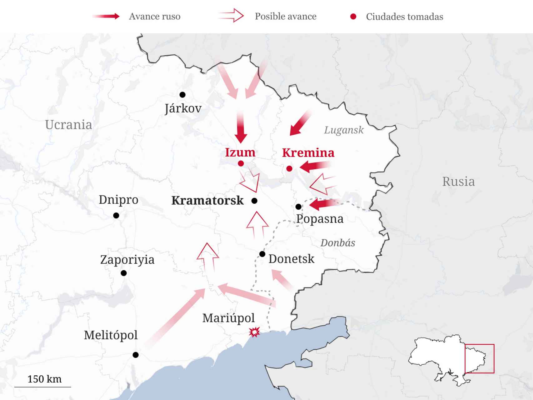 Los cuatro frentes desde los que Putin pretende ahogar a las fuerzas ucranianas en el Donbás