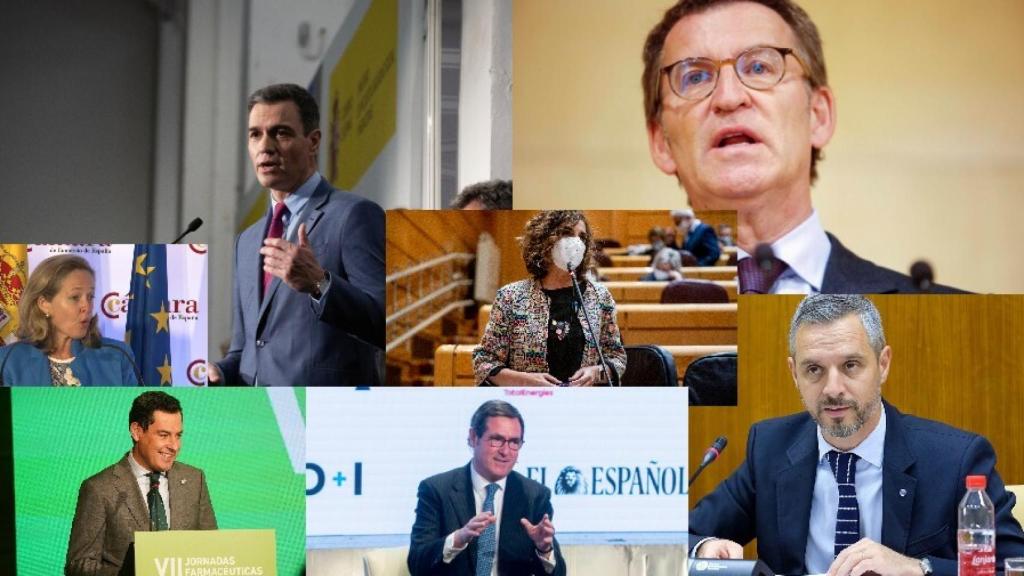 Pedro Sánchez, Alberto Núñez Feijóo, Nadia Calviño, María Jesús Montero, Juanma Moreno, Antonio Garamendi y Juan Bravo.