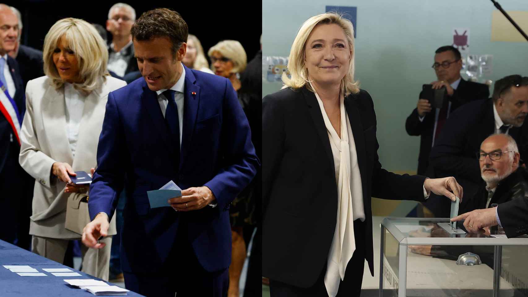 Imágenes de Emmanuel Macron y Marine Le Pen votando en sus respectivos colegios.