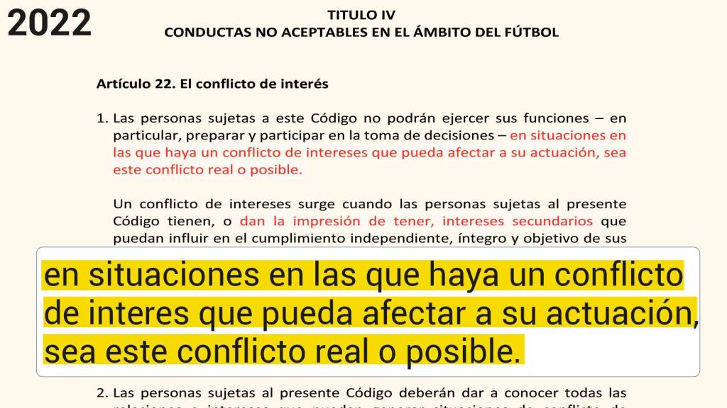 El fragmento sobre el conflicto de intereses del Código Ético de la RFEF que rige en la actualidad.