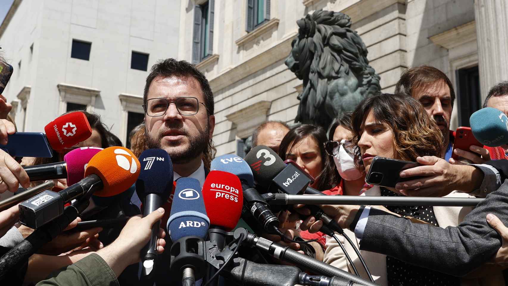 Pere Aragonès, denunciando su 'espionaje' con Pegasus frente al Congreso de los Diputados.
