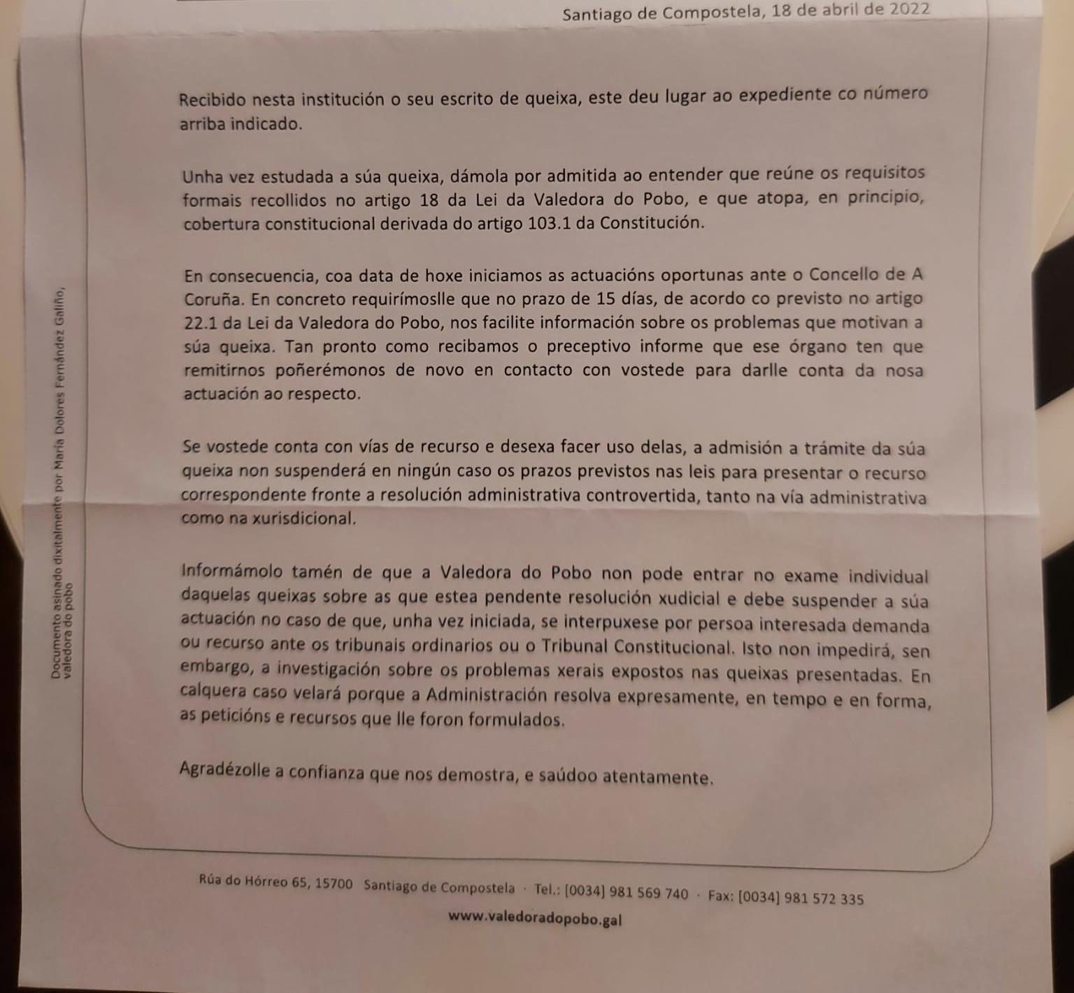 La carta de la Valedora do Pobo a Rubén Boullón
