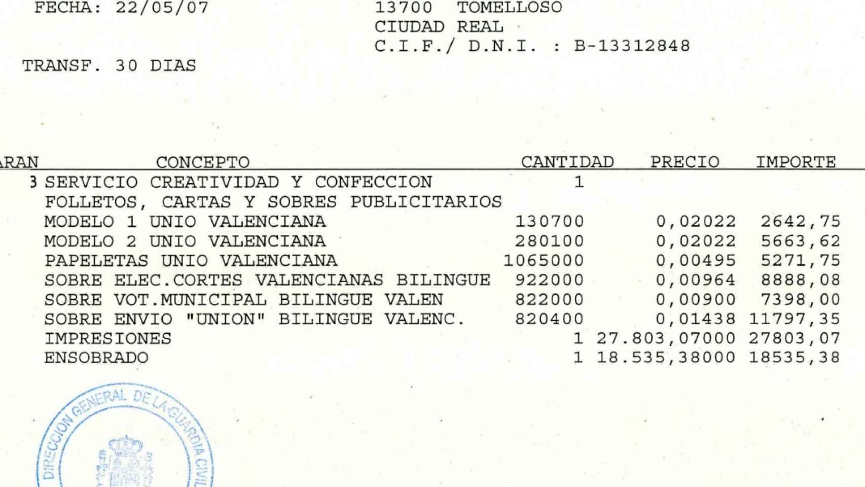 Factura con los gastos de Unión Valenciana por trabajos encargados por el PSOE.