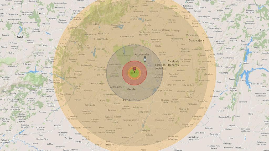 Radio completo de los efectos de la Bomba del Zar en Madrid con NUKEMAP.