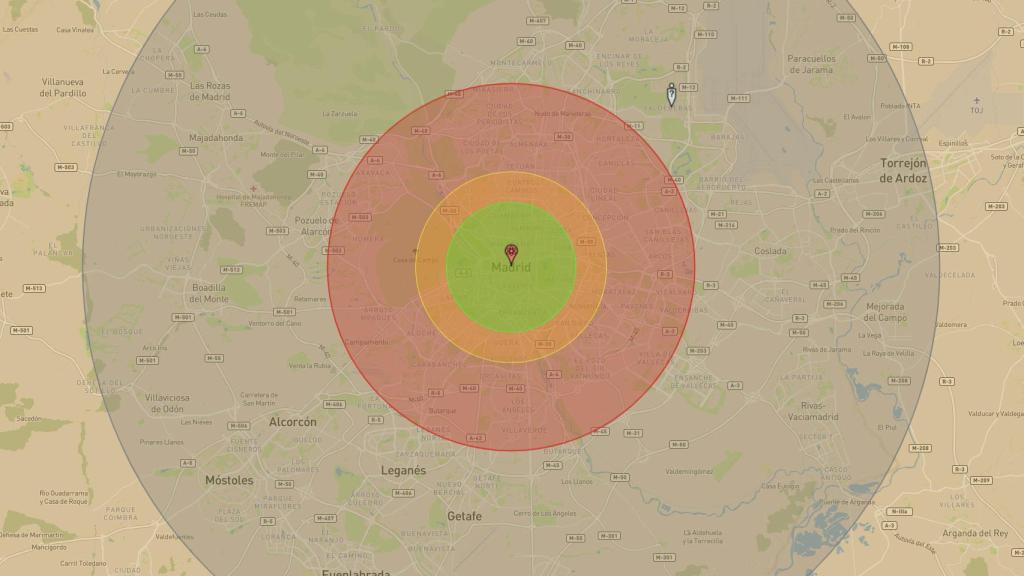 Radios de los efectos de la Bomba del Zar sobre Madrid en NUKEMAP.