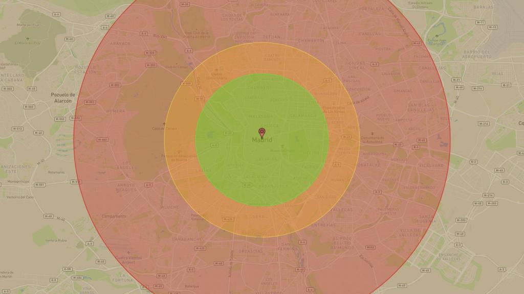 Radios de los efectos de la Bomba del Zar sobre Madrid en NUKEMAP.