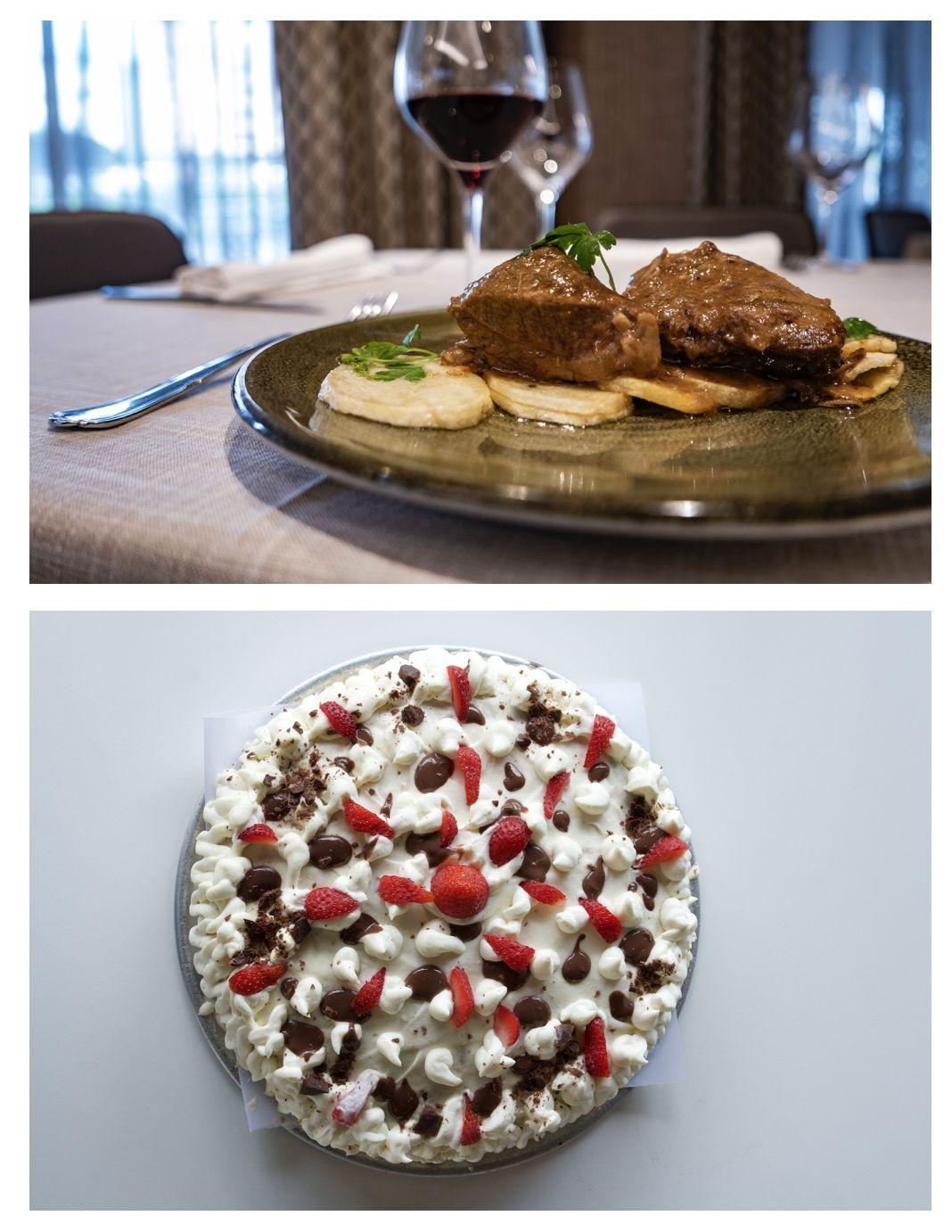 Ternera gallega estofada con patatas al vapor y tarta de nata, fresas y chocolate.