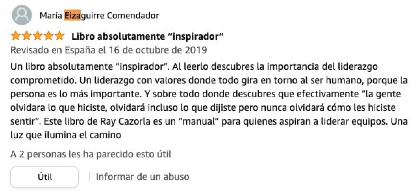 Comentario de María Eizaguirre en Amazon.