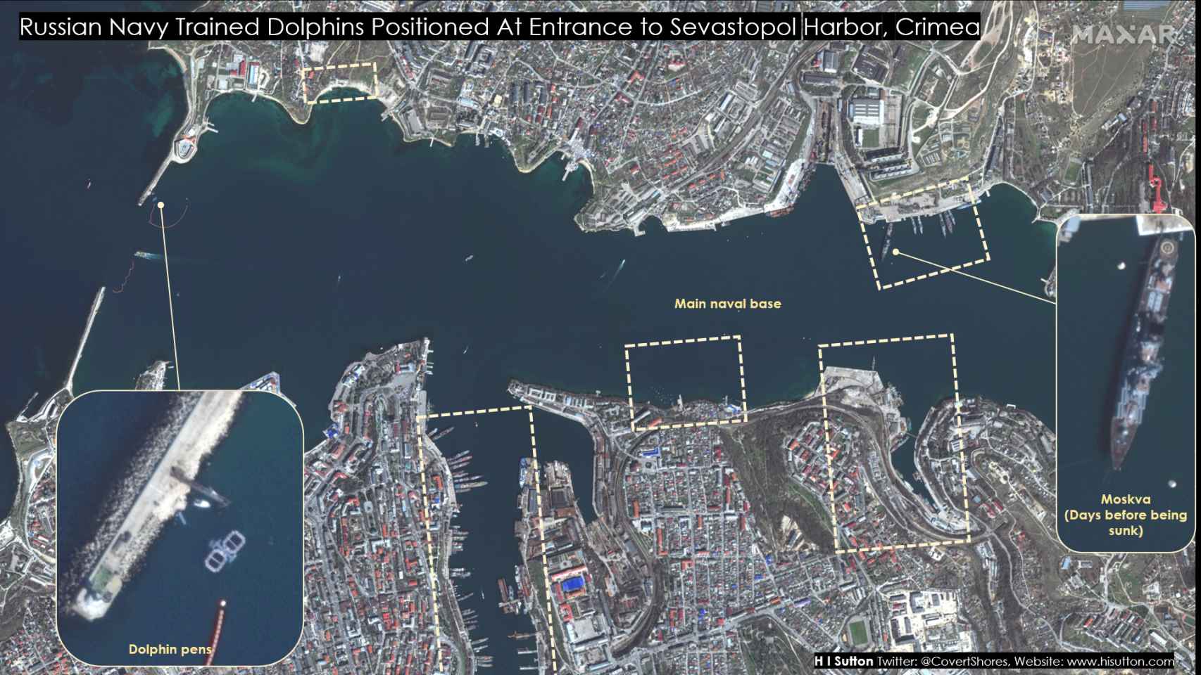 Las imágenes de satélite en las que se ven los corrales de delfines.