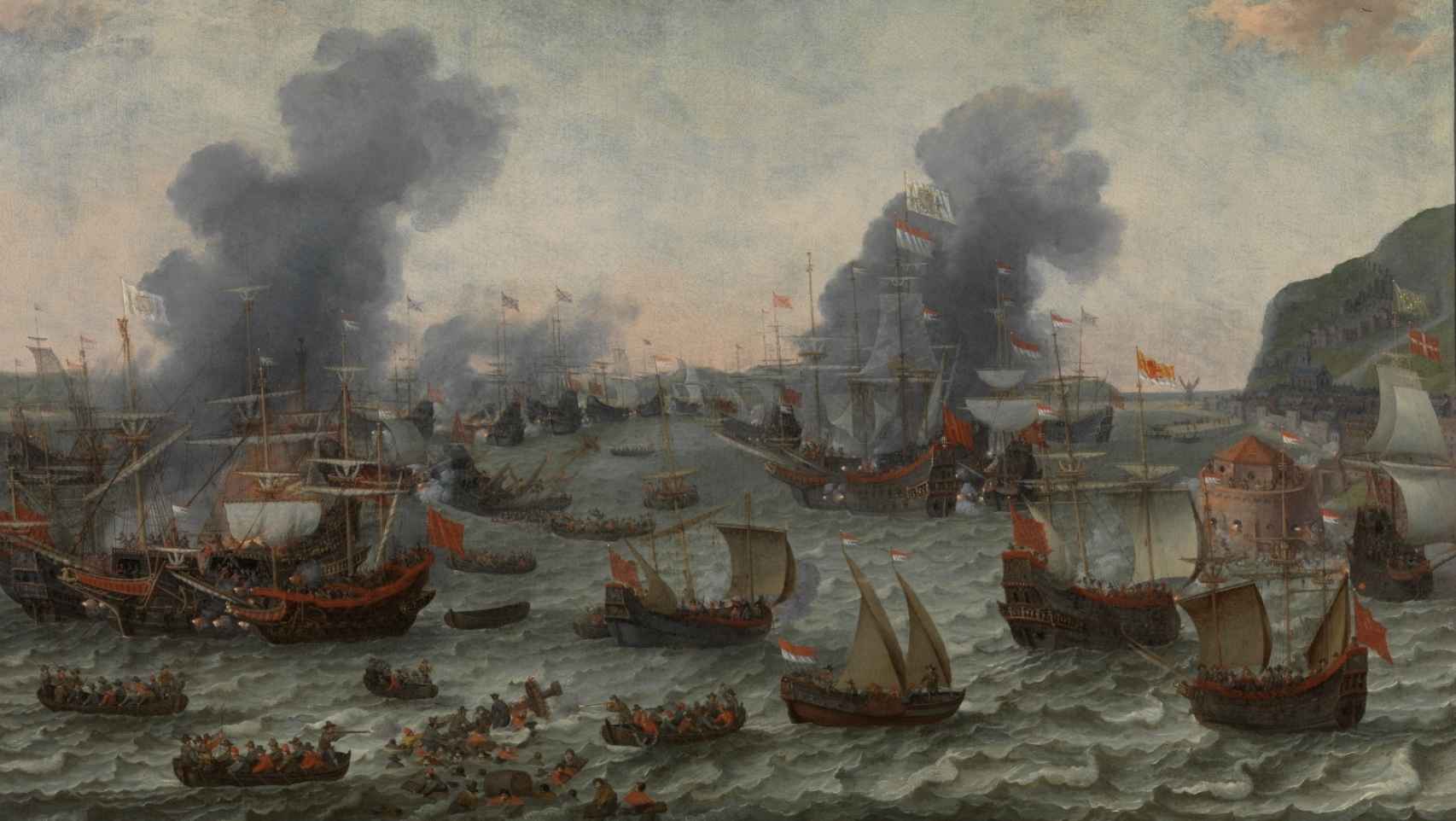 La batalla de Gibraltar, 25 de abril 1607, en el marco de la Guerra de los Ochenta Años, enfrentó a los navíos de las Provincias Unidas con la flota española. Un lienzo de Adam Willaerts.
