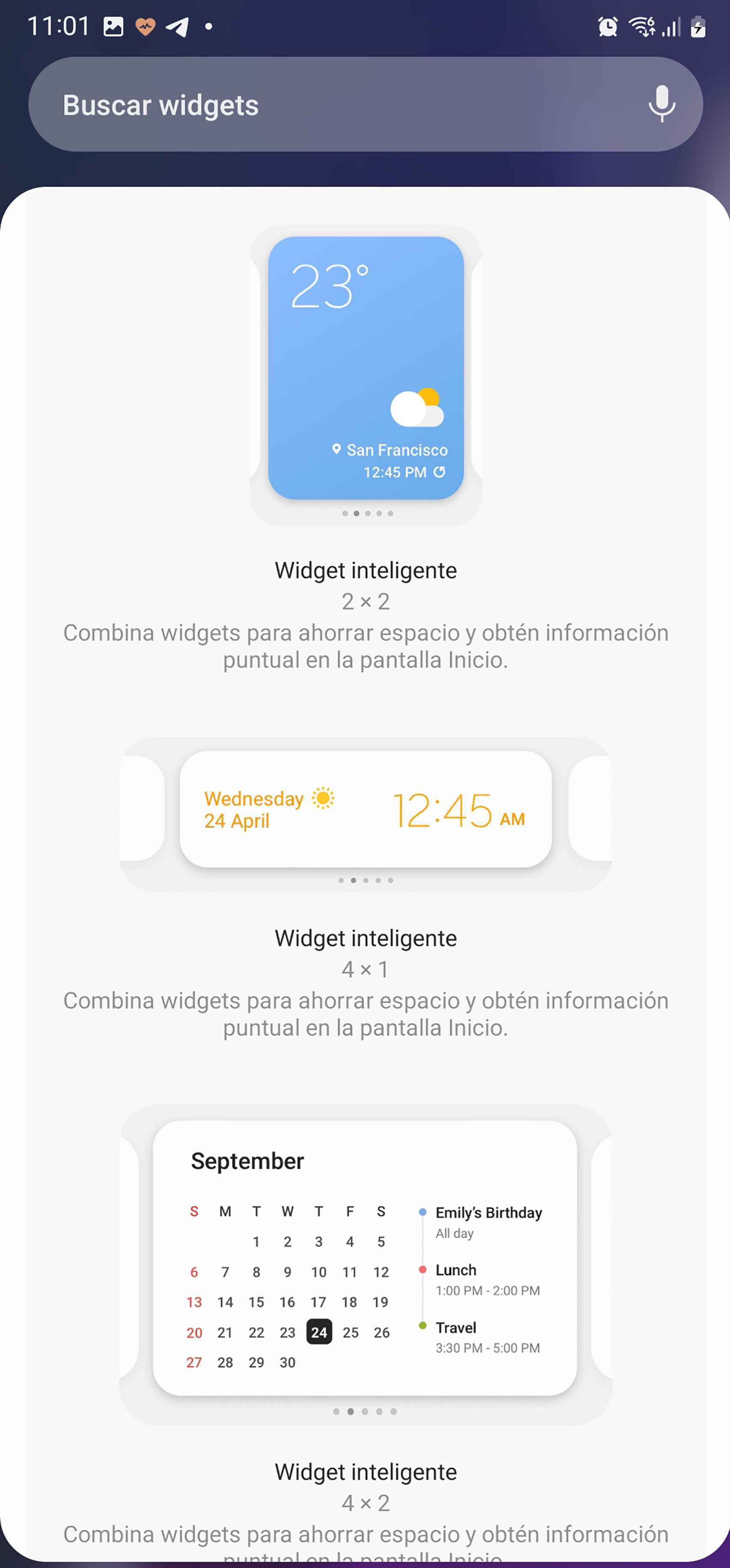 Los tres tamaños del Widget Inteligente de Samsung