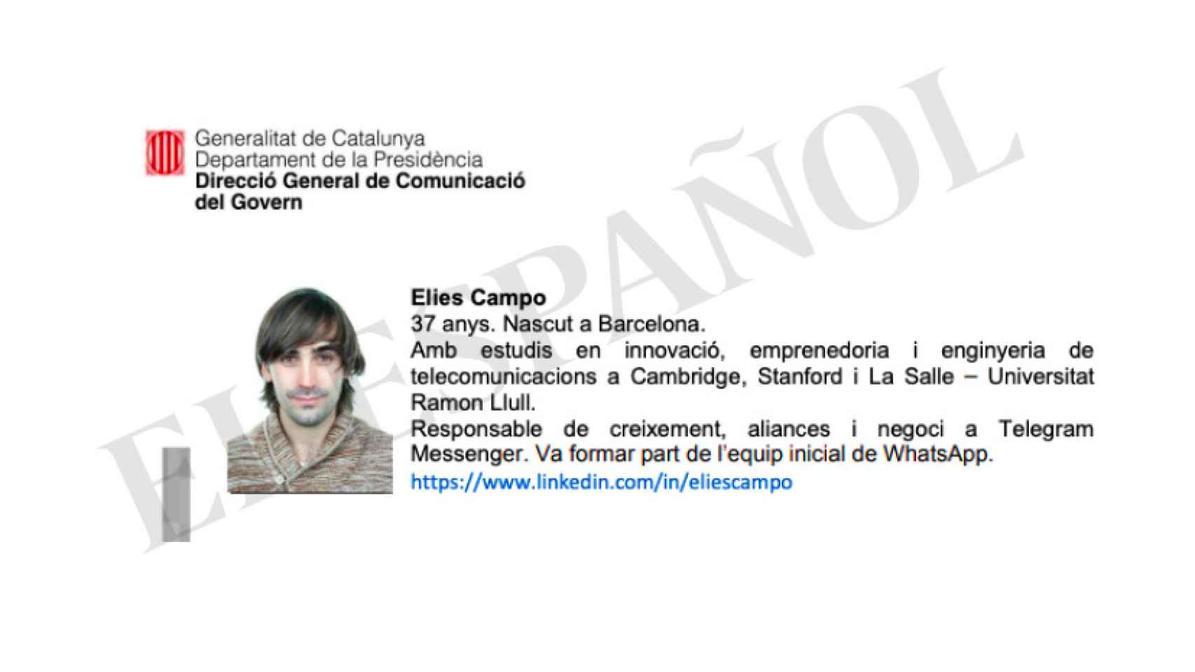 El informático Elies Campo, en el documento de la Generalitat con el que le presentaban como colaborador.