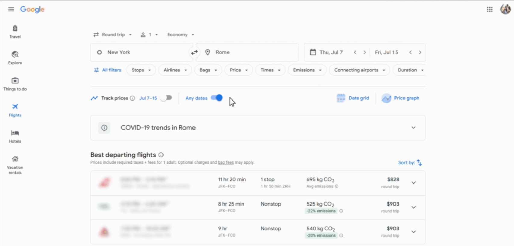 Nuevos filtros en Google Flights