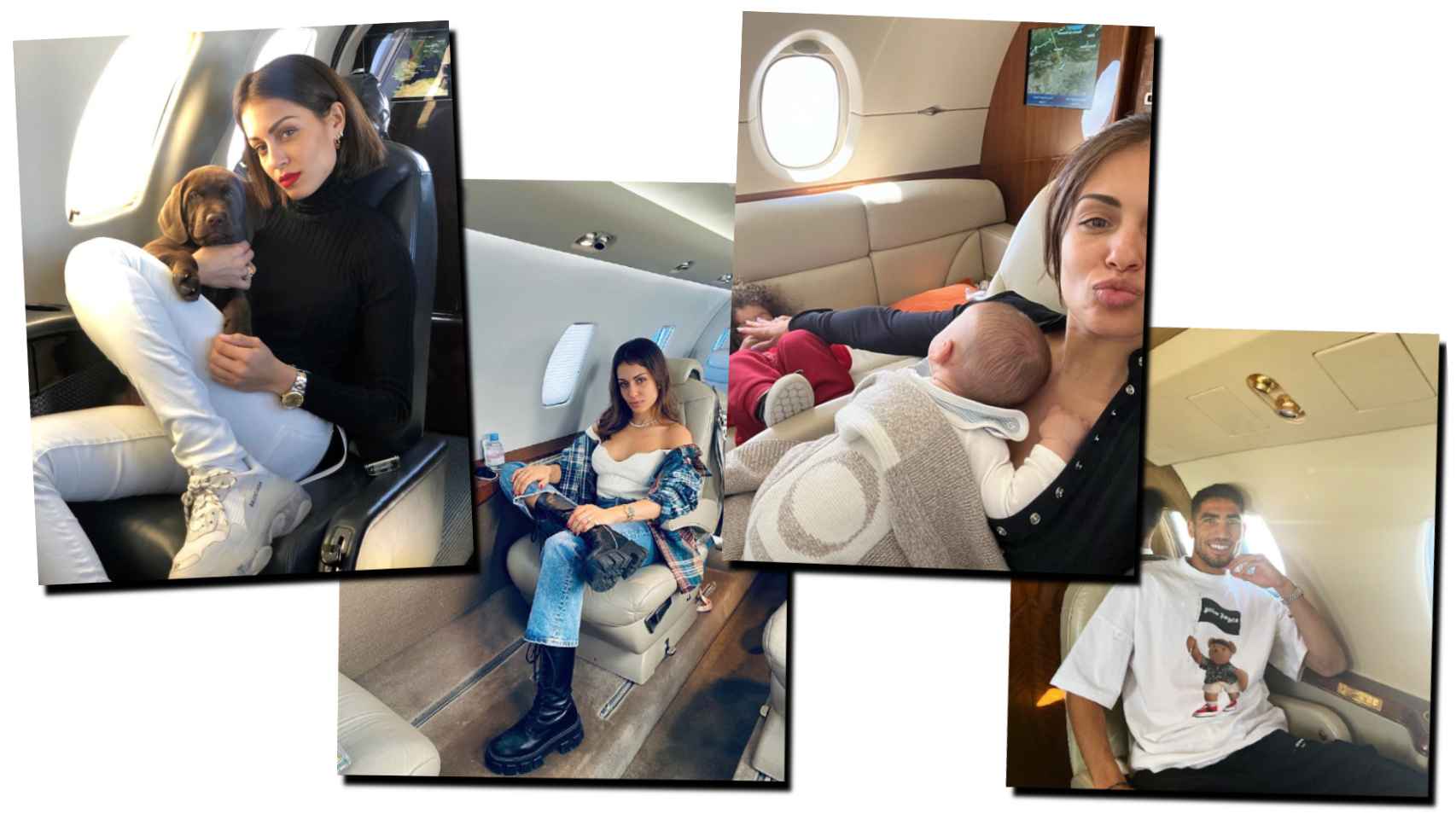 Hiba Abouk y Achraf Hakimi, en algunos de sus viajes en jet privado.