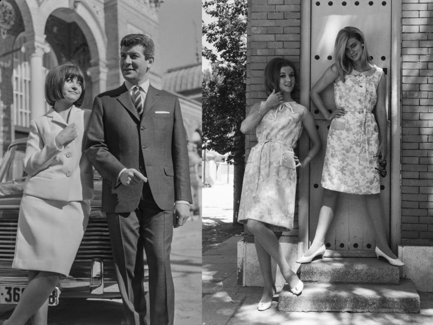 A la izquierda, modelos frente al palacio de Velázquez y, a la derecha, en El Retiro. Ambas imágenes fueron tomadas en 1965 para un catálogo,  posiblemente de Cortefiel.