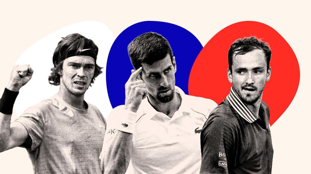 Andrey Rublev, Novak Djokovic y Danill Medvedev