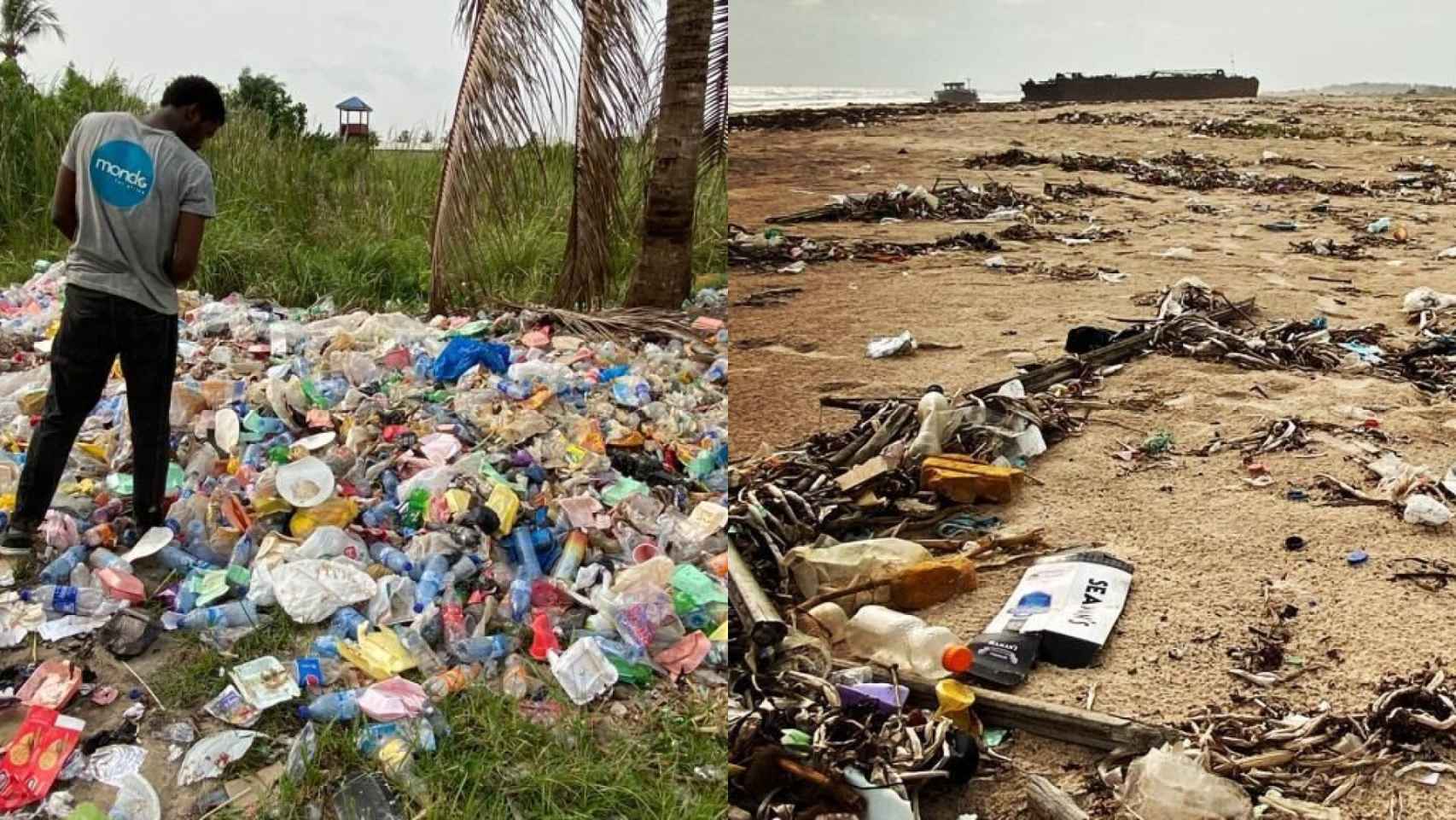 Dos imágenes de la basura acumulada en la playa de Tarkwa, cerca de Lagos, en Nigeria. Al fondo, un barco abandonado.