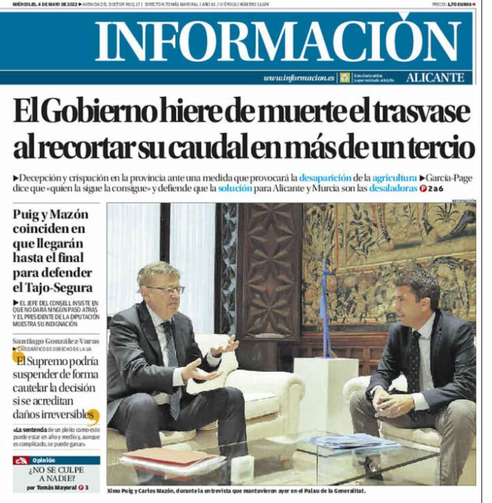 Portada de este miércoles del diario Información de Alicante.
