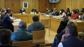 Acusados sentados en el banquillo en la vista de conformidad de la ‘Operación Pollo’, en la Audiencia Provincial de Lugo.