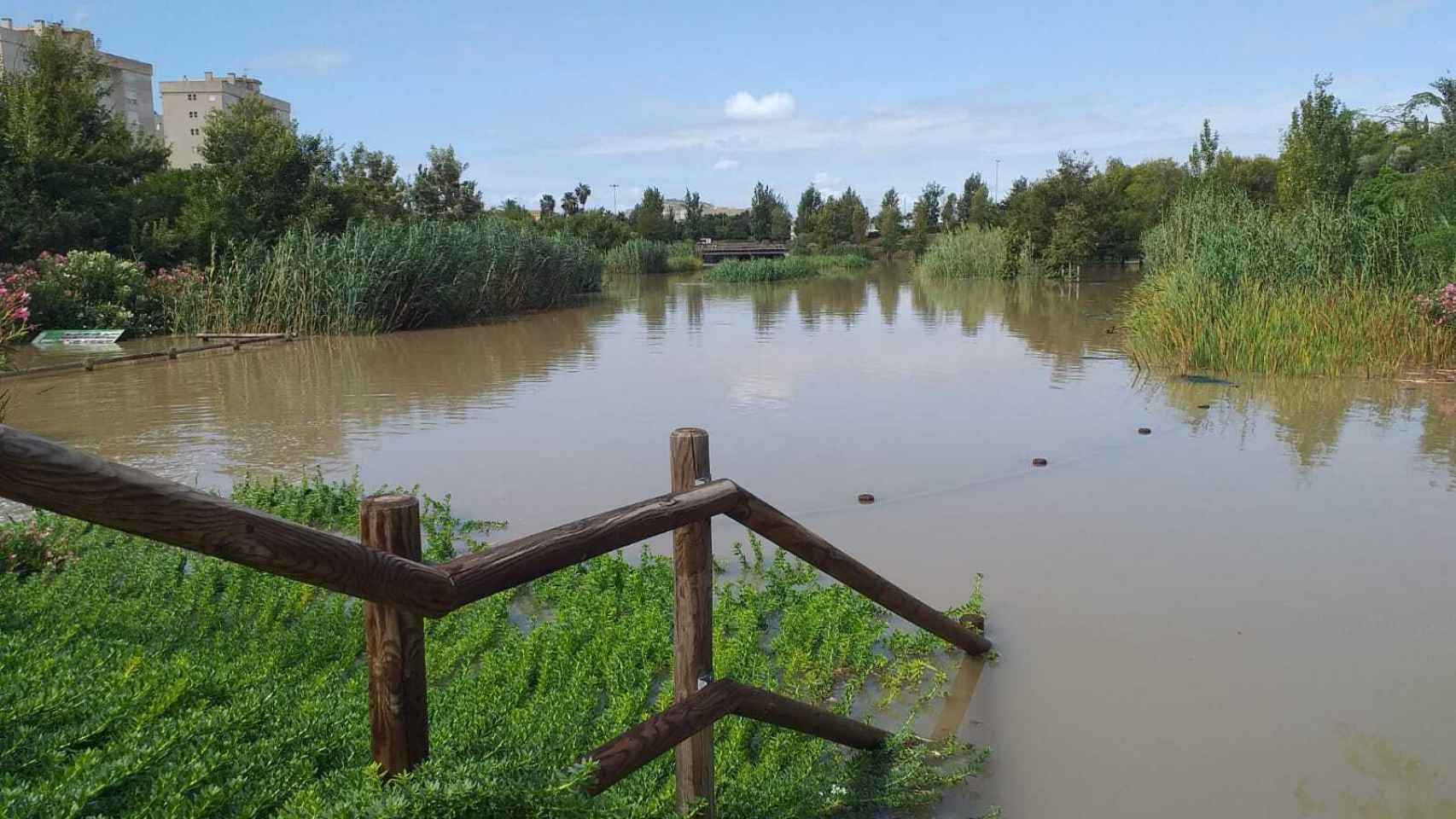 El parque de La Marjal cuando está lleno de agua con la que ha evitado las inundaciones en la zona.
