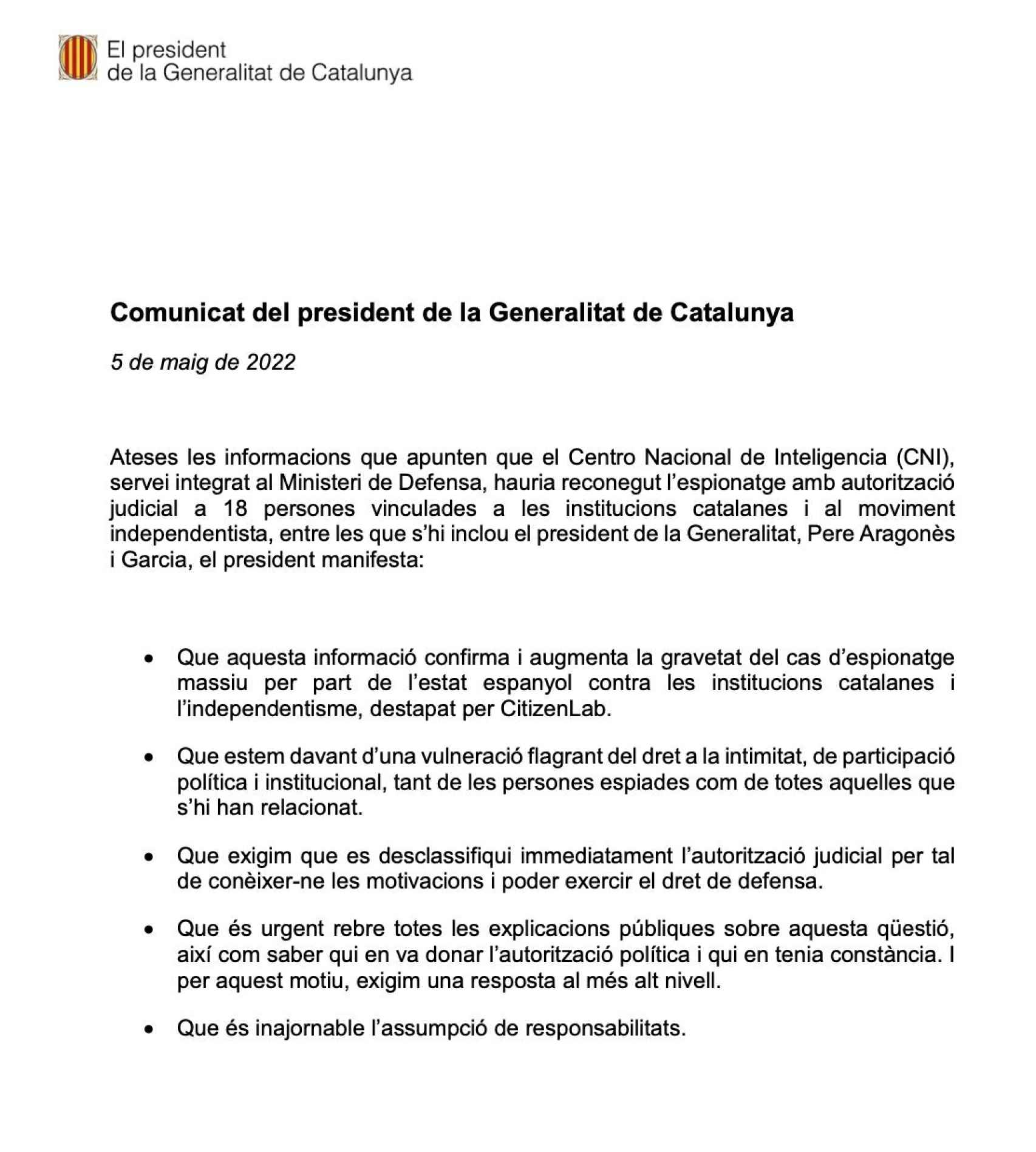 El comunicado oficial difundido esta tarde por el presidente de la Generalitat, Pere Aragonés.