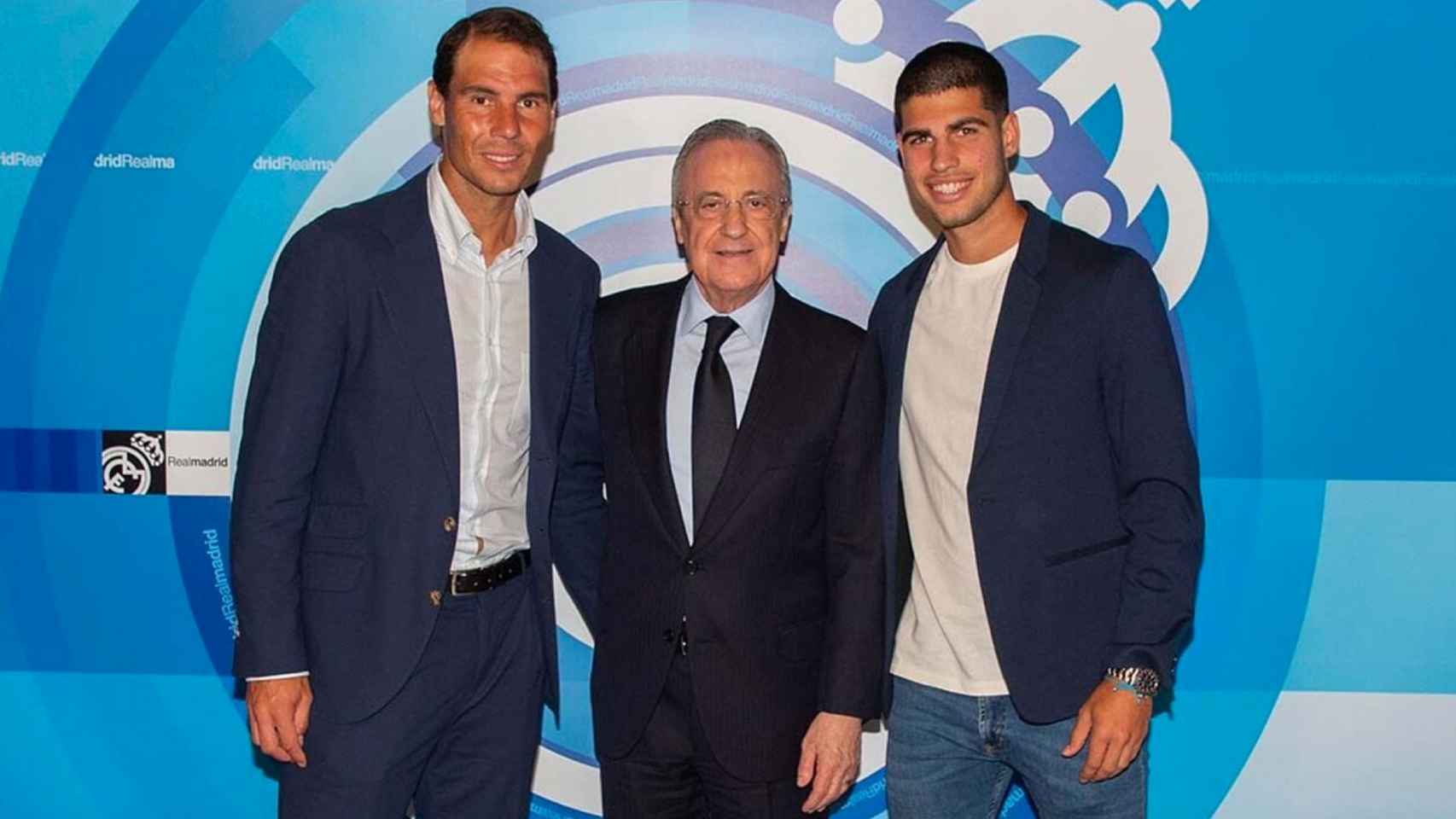 Rafa Nadal, Florentino Pérez y Carlos Alcaraz, en el Santiago Bernabéu