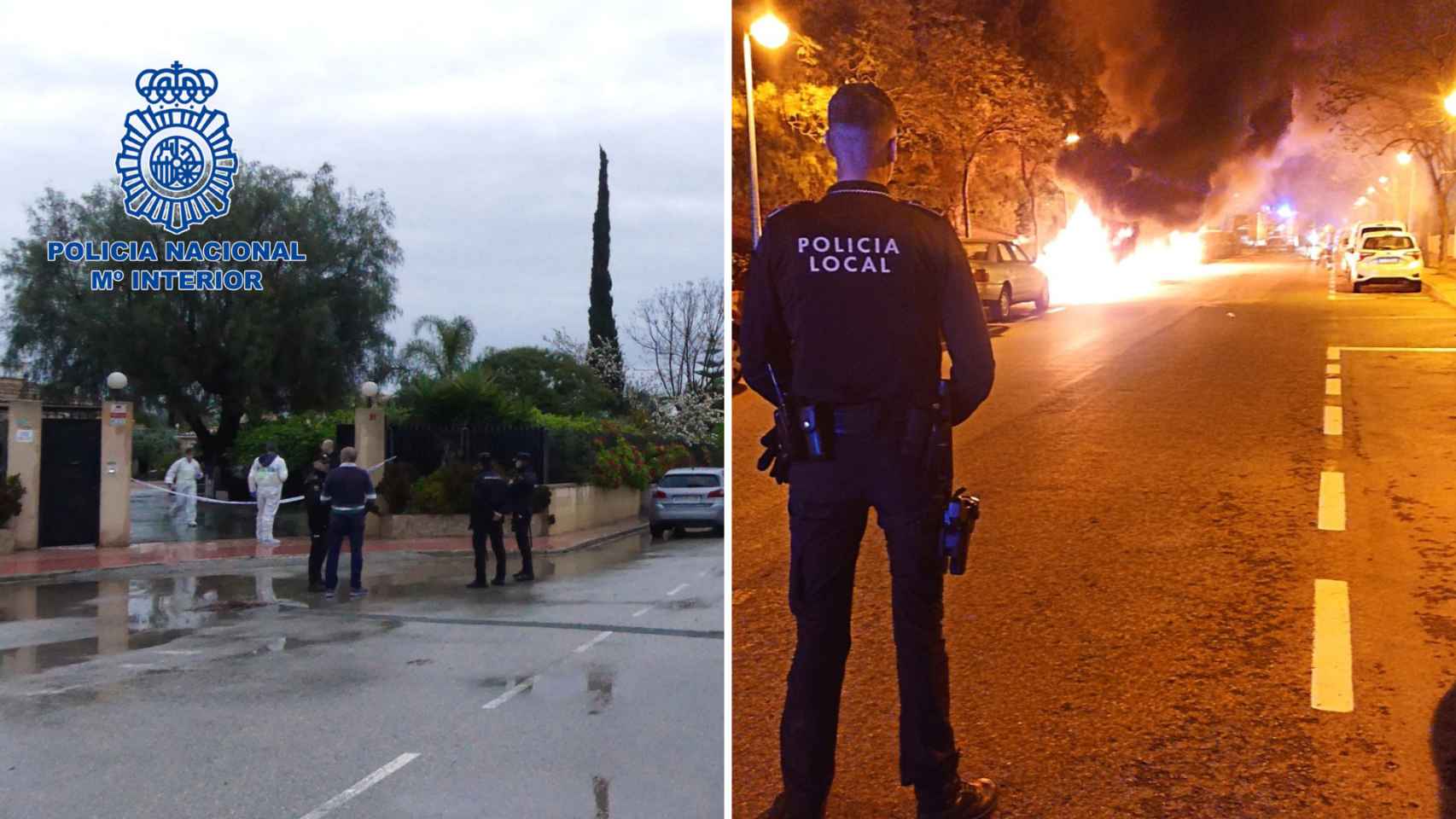 A la izquierda, el chalé de la víctima, y a la derecha, la imagen del incendió que calcinó cuatro vehículos en Alicante.