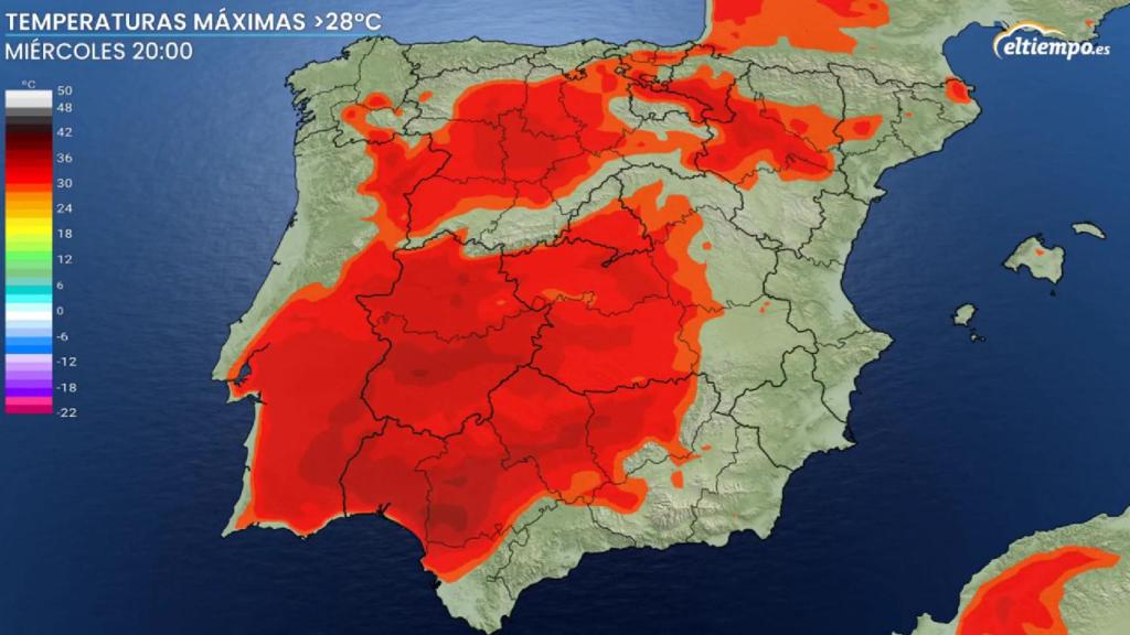 Zonas en las que se registrarán más de 28ºC. Eltiempo.es.