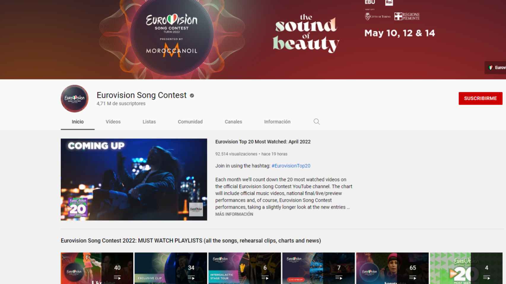 El canal oficial de Eurovisión en YouTube