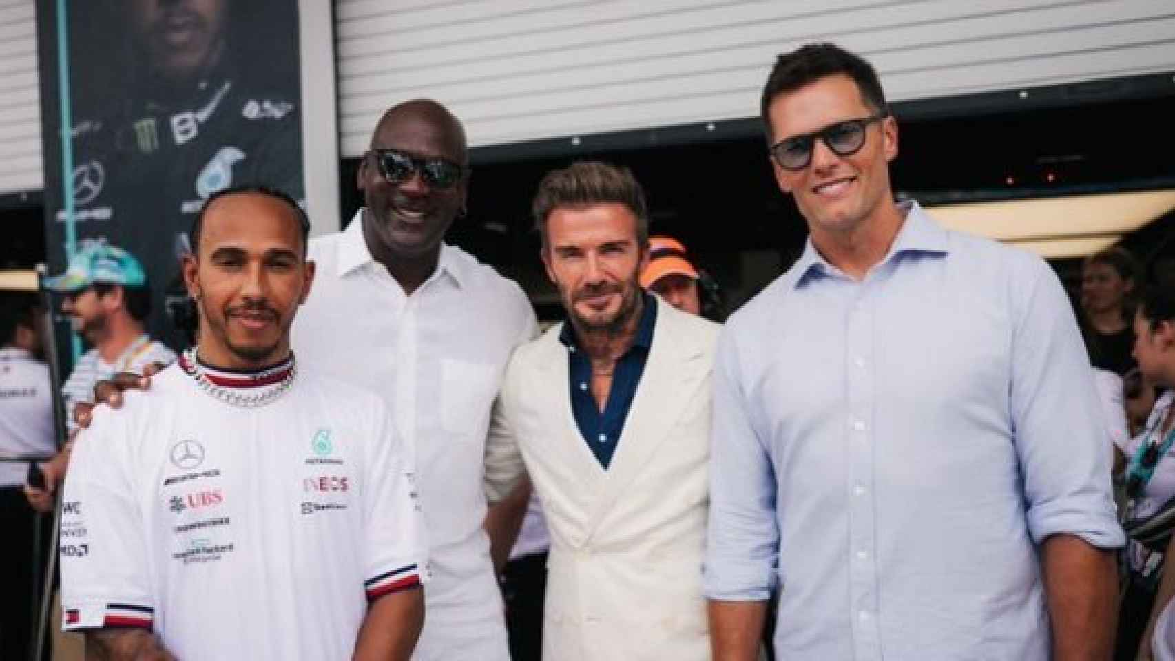 Lewis Hamilton, Michael Jordan, David Beckham y Tom Brady en el Gran Premio de Miami de F1