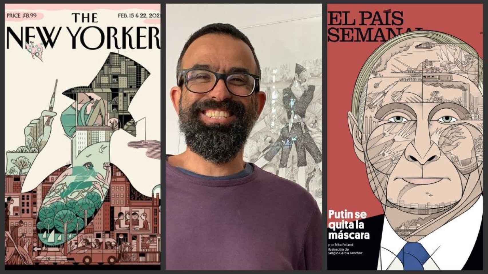 El dibujante Sergio García junto a portadas que ha diseñado.