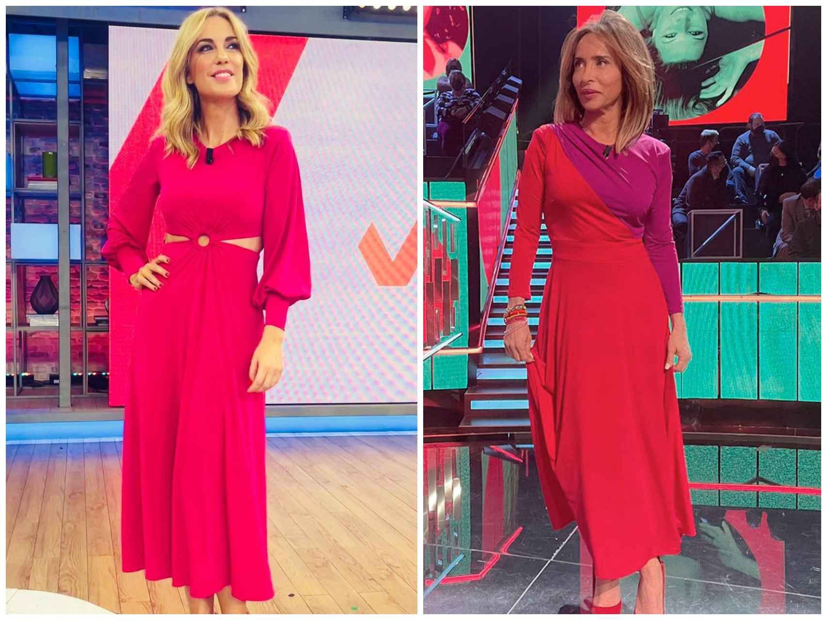 Elia Gonzalo con el visto vestido que la Reina el pasado abril en 'Viva la vida'; y María Patiño con un diseño de Cayro en Telecinco.