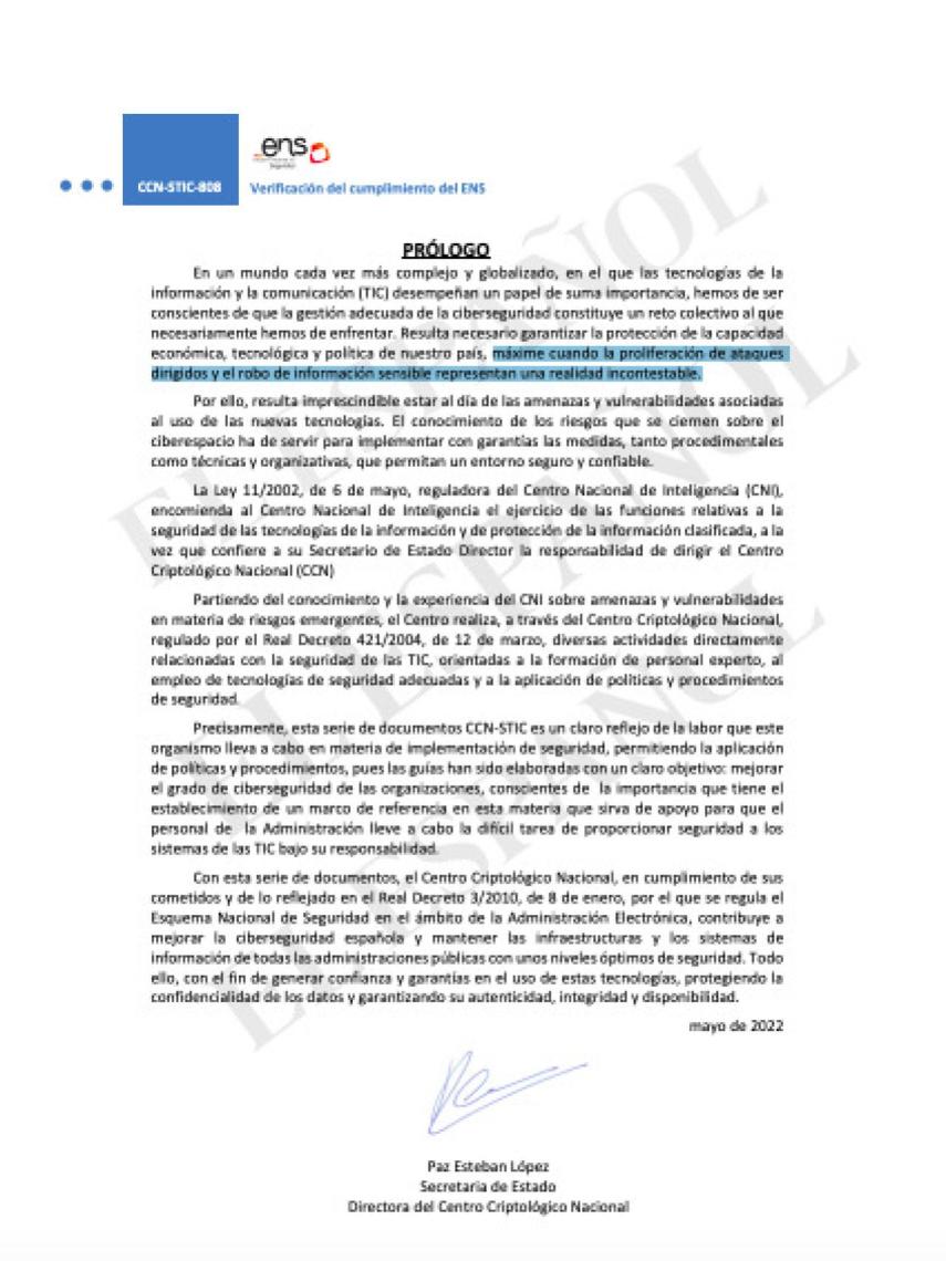 Prólogo del último documento firmado por Paz Esteban en el CNI.