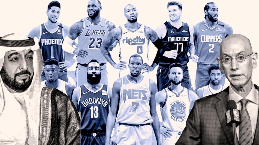 Khalifa bin Zayed Al Nahyan, Adam Silver y varios jugadores de la NBA