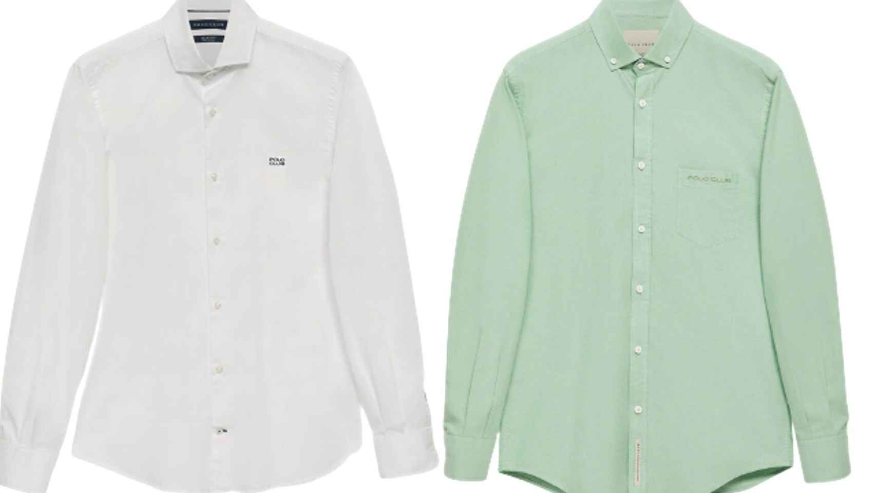 Camisa blanca de cuello italiano con logo bordado de Polo Club (Precio: 100 euros) y Camisa oxford verde con bolsillo y logo bordado (120 euros).
