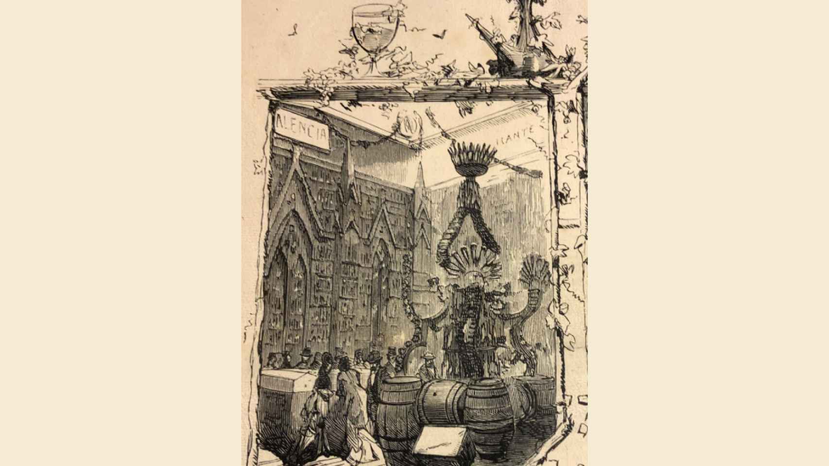 Detalle del expositor de vinos alicantinos de la familia Maisonnave en la Exposición Vinícola de 1877.