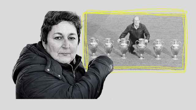 Collage con una imagen de Paquita España y el futbolista detrás con sus Copas de Europa.