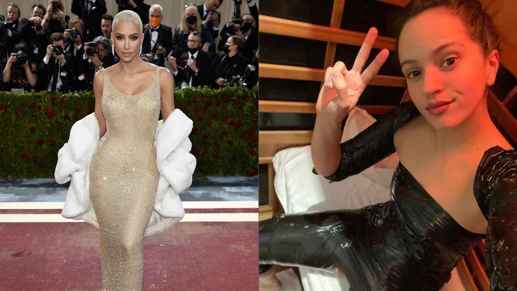 Kim Kardashian (izquierda) adelgazó 7 kilos en 20 días para entrar en el vestido de la gala MET. Rosalía (derecha) recurrió a la sauna para perder líquidos.