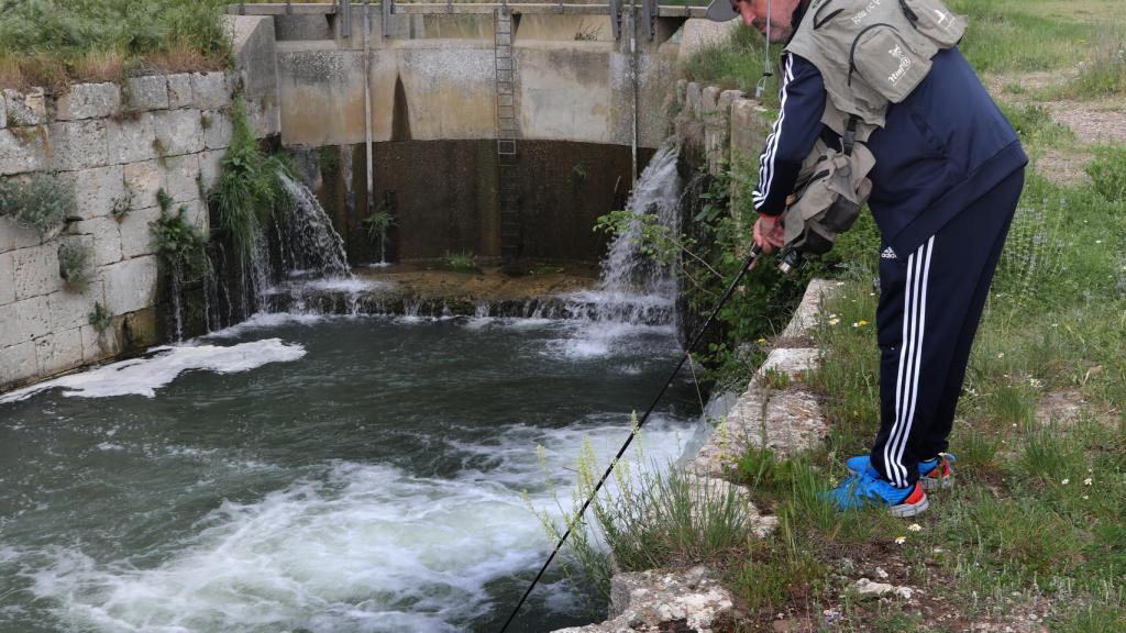 El pescador José Salazar en el Canal de Castilla en Palencia