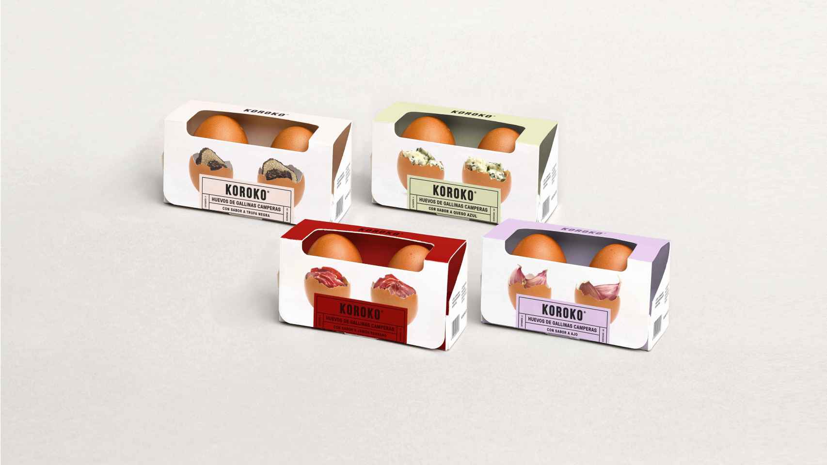 La startup Koroko es pionera en la producción de huevos de gallinas camperas de sabores que cuenta con cuatro referencias en el mercado: trufa negra, ajo, jamón y queso azul.