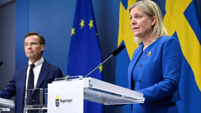La primera ministra sueca, Magdalena Andersson, durante la rueda de prensa que ha ofrecido en Estocolmo.