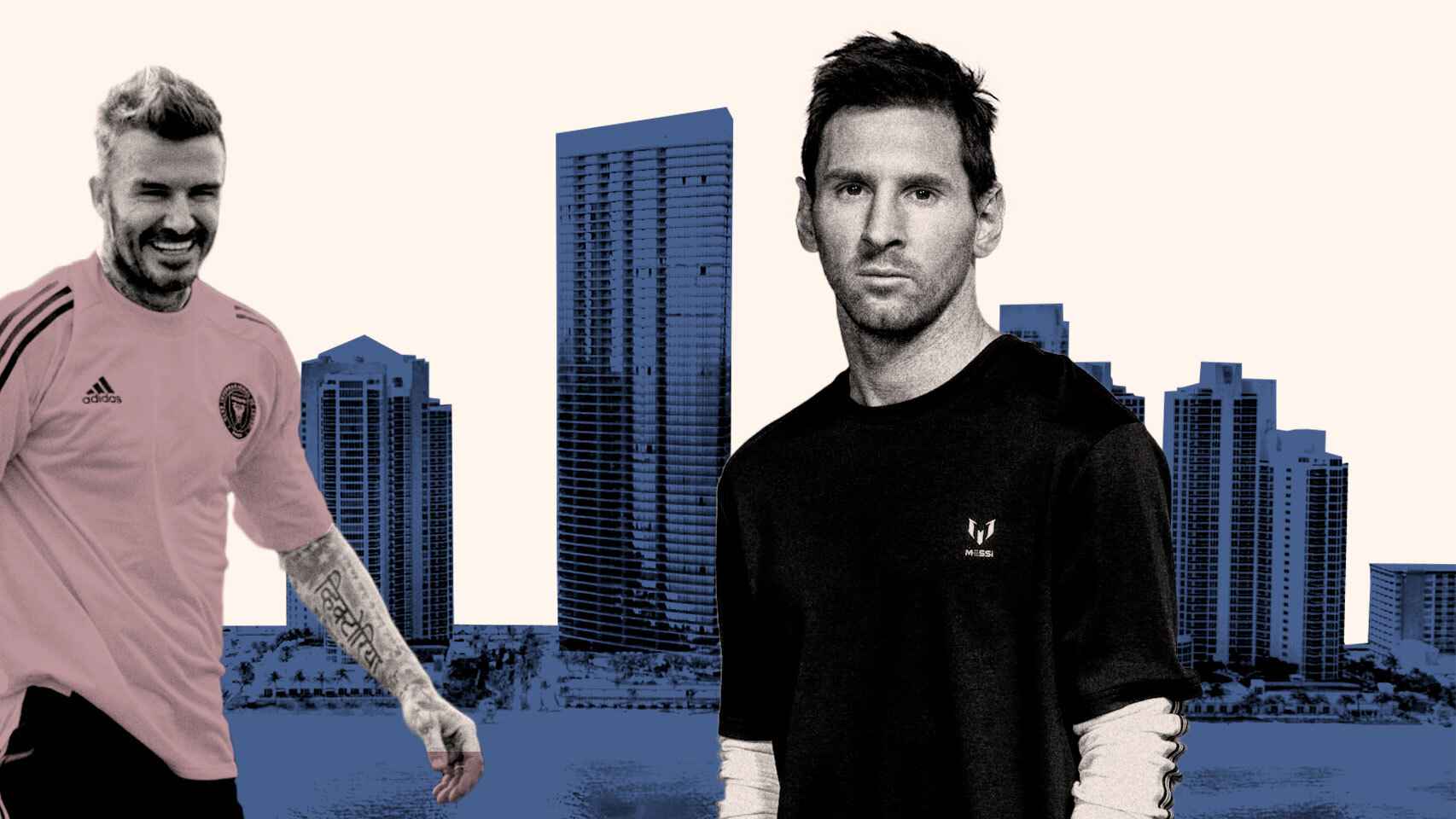 Leo Messi, David Beckham y Miami al fondo.