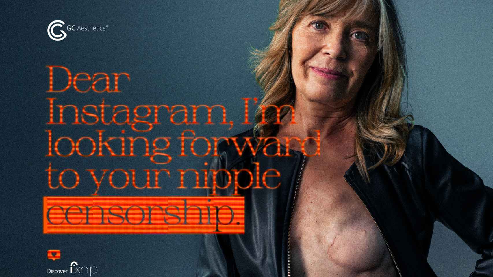 Imagen de la campaña en la que se muestra a una mujer sin pezón retando a Instagram.