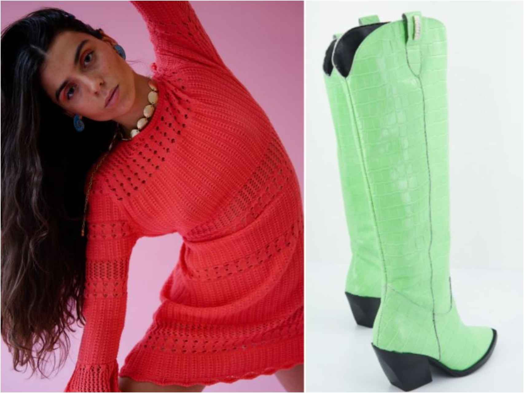 'Look' de Susana Molina compuesto por vestido coral y botas verdes.