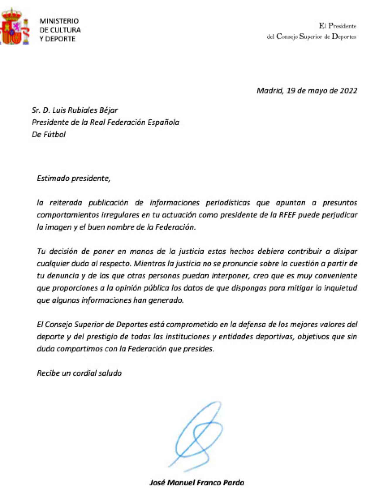 Carta de José Manuel Franco a Luis Rubiales
