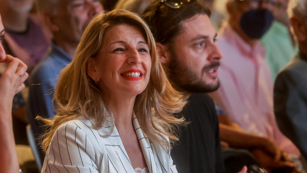 Yolanda Díaz, vicepresidenta segunda y ministra de Trabajo, este miércoles en la presentación del libro de la portavoz de Más Madrid en la Asamblea de Madrid, Mónica García.